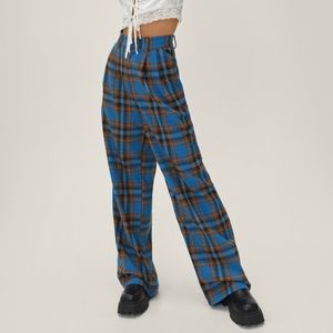 Nasty Gal Blue Pleated Check Print Wide Leg Pants